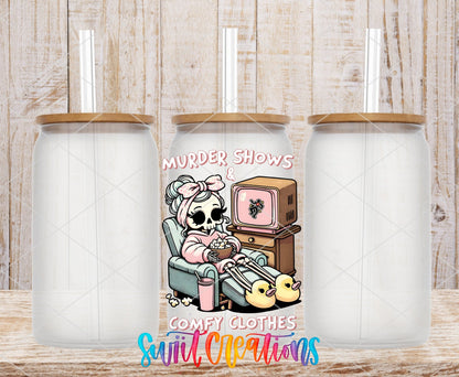 Murder Shows and Comfy Clothes UV DTF transfer on frosted glass cans with bamboo lids