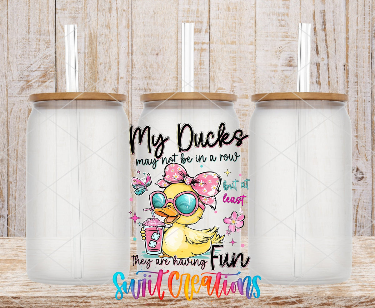 My Ducks May Not Be in a Row duck in sunglasses UV DTF transfer on frosted glass cans with bamboo lids