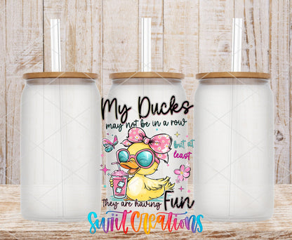 My Ducks May Not Be in a Row duck in sunglasses UV DTF transfer on frosted glass cans with bamboo lids
