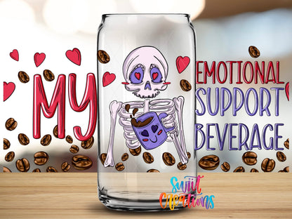 Close-up of the My Emotional Support Beverage UV DTF full wrap on a clear glass can