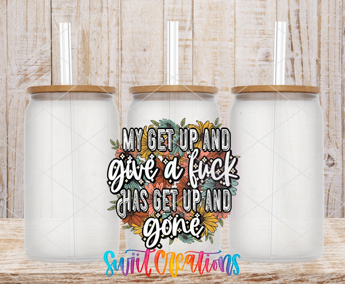 My Get Up and Give a F*ck UV DTF transfer on frosted glass cans with bamboo lids