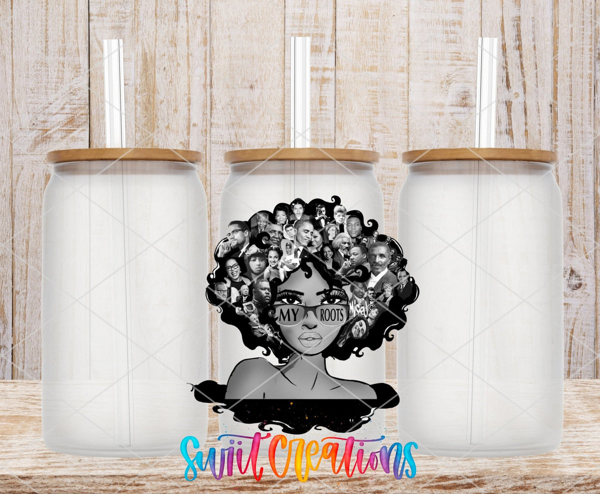 My Roots UV DTF transfer on frosted glass cans with bamboo lids