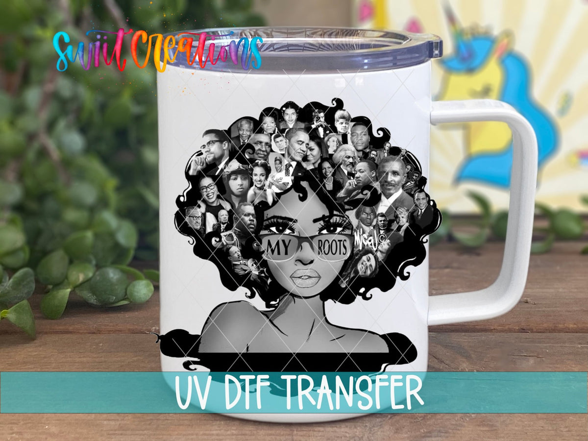 My Roots UV DTF transfer on a white stainless steel mug with a lid