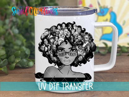 My Roots UV DTF transfer on a white stainless steel mug with a lid