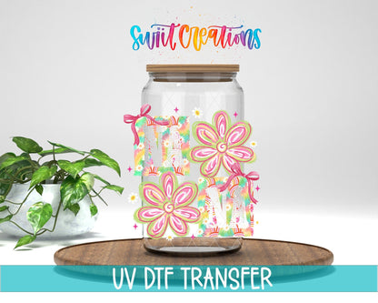 Nana Boho Rainbow Floral UV DTF transfer displayed on a clear jar mockup from Swiit Creations