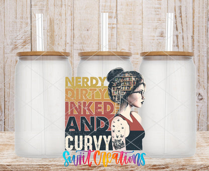 Nerdy Dirty Inked and Curvy UV DTF transfer on frosted glass cans with bamboo lids