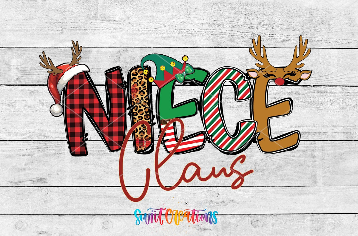 Niece Claus UV DTF transfer artwork on a white wood background