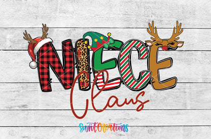 Niece Claus UV DTF transfer artwork on a white wood background
