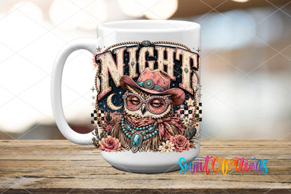Night Owl Western Glam UV DTF transfer displayed on a white ceramic mug from Swiit Creations