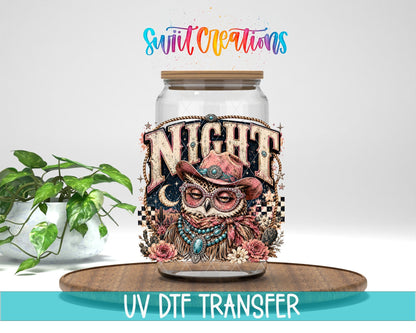 Night Owl Western Glam UV DTF transfer displayed on a clear jar mockup from Swiit Creations
