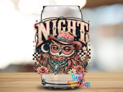 Night Owl Western Glam UV DTF transfer applied to a clear glass can from Swiit Creations