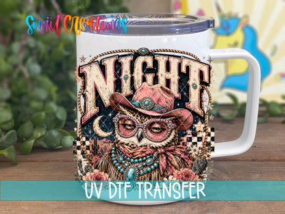 Night Owl Western Glam UV DTF transfer displayed on a white coffee mug from Swiit Creations