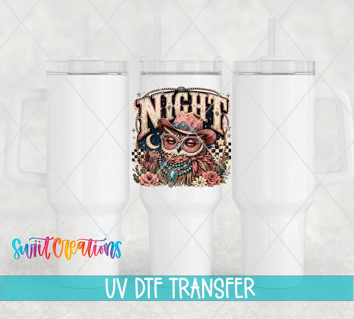 Night Owl Western Glam UV DTF transfer applied to a white tumbler set from Swiit Creations