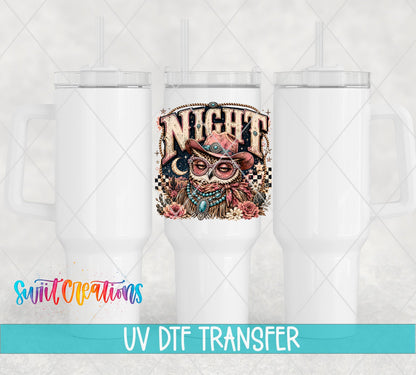 Night Owl Western Glam UV DTF transfer applied to a white tumbler set from Swiit Creations
