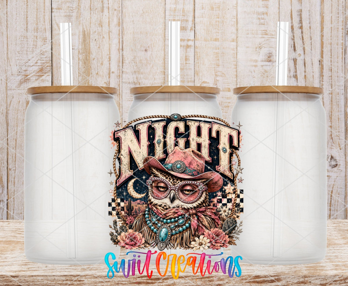 Night Owl Western Glam UV DTF transfer applied to a clear glass can set from Swiit Creations