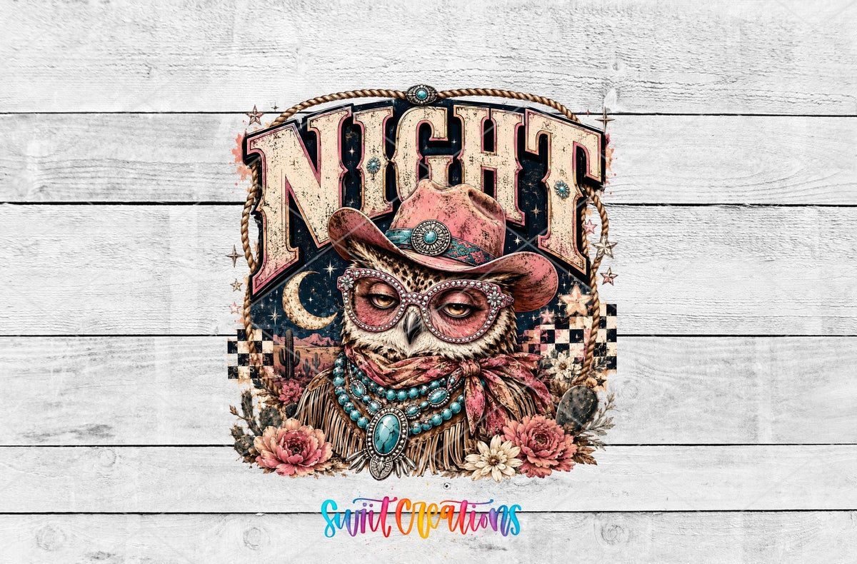 Night Owl Western Glam UV DTF transfer shown as a full artwork preview from Swiit Creations
