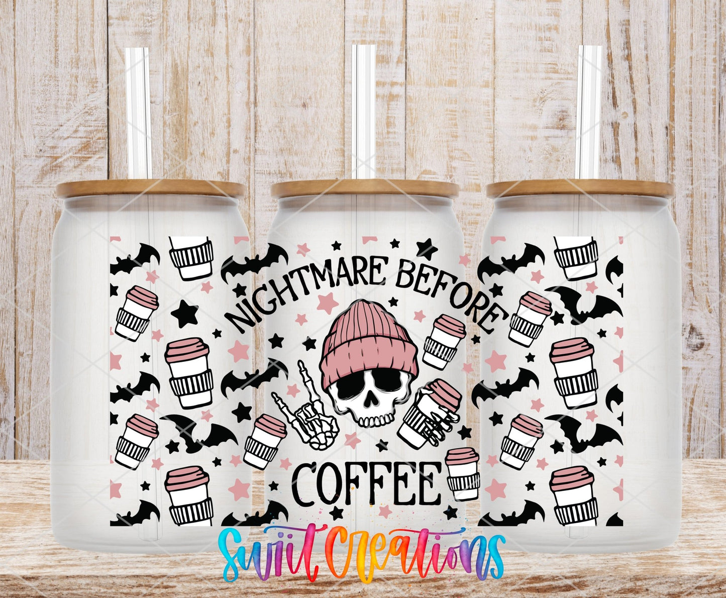 Nightmare Before Coffee UV DTF Transfer Tumbler Wrap | Pink Skull Bat Coffee | DTF196 - Swiit Creations