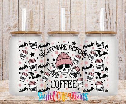 Nightmare Before Coffee UV DTF Transfer Tumbler Wrap | Pink Skull Bat Coffee | DTF196 - Swiit Creations