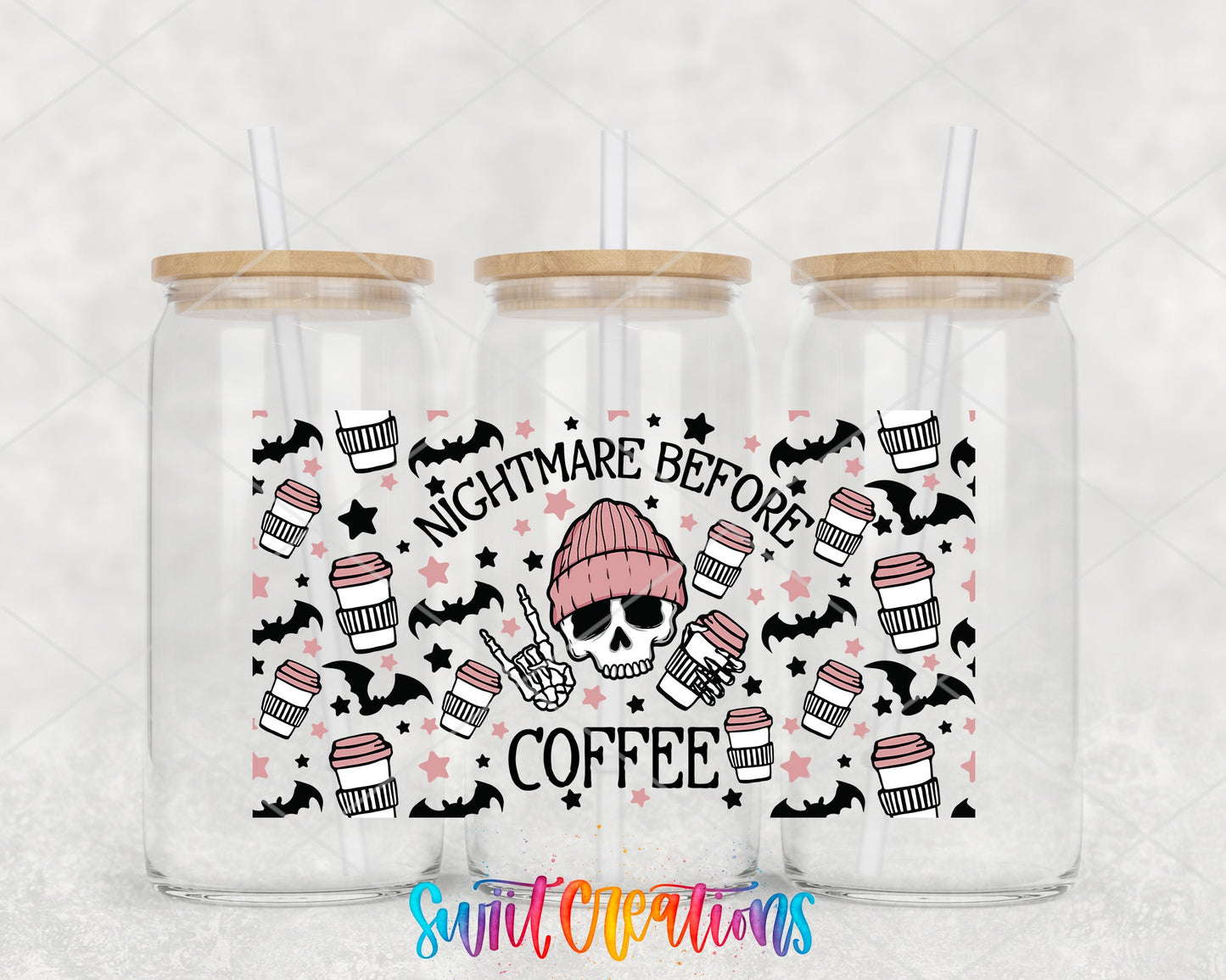 Nightmare Before Coffee UV DTF Transfer Tumbler Wrap | Pink Skull Bat Coffee | DTF196 - Swiit Creations