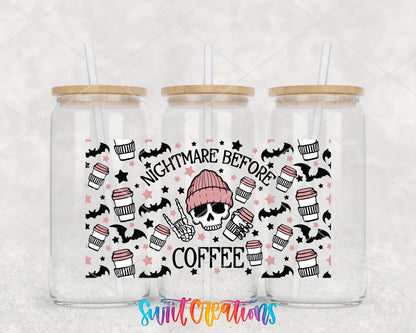 Nightmare Before Coffee UV DTF Transfer Tumbler Wrap | Pink Skull Bat Coffee | DTF196 - Swiit Creations