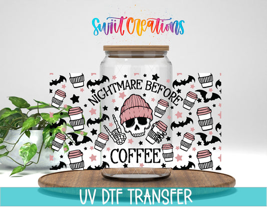 Nightmare Before Coffee UV DTF Transfer Tumbler Wrap | Pink Skull Bat Coffee | DTF196 - Swiit Creations