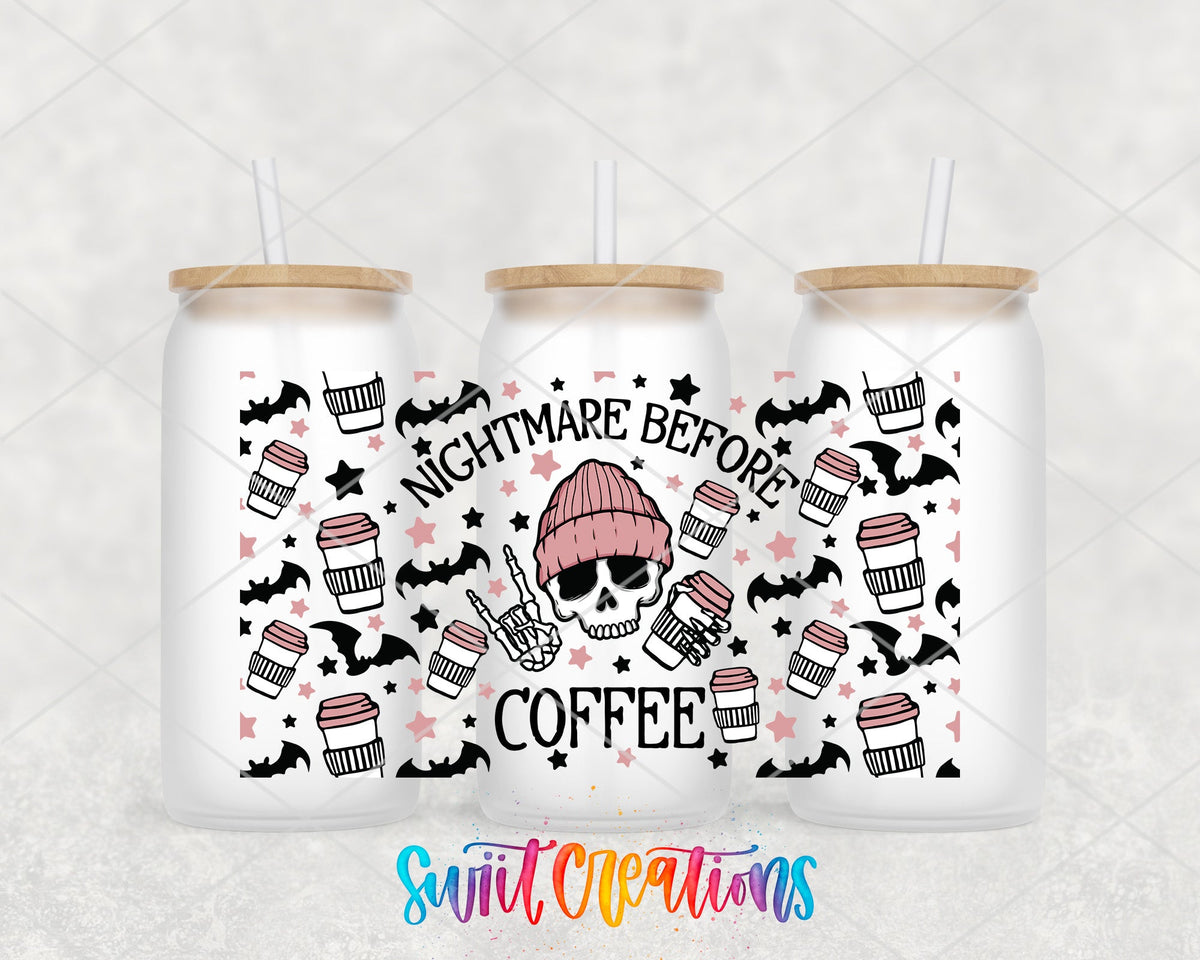 Nightmare Before Coffee UV DTF Transfer Tumbler Wrap | Pink Skull Bat Coffee | DTF196 - Swiit Creations