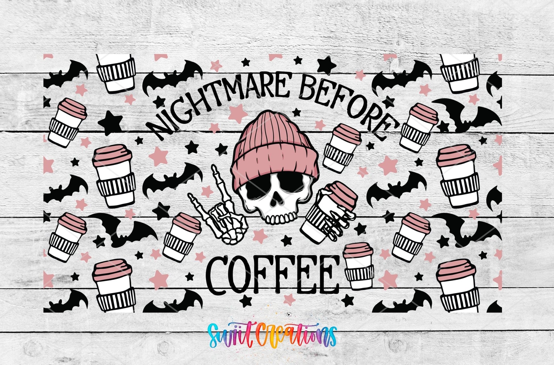 Nightmare Before Coffee UV DTF Transfer Tumbler Wrap | Pink Skull Bat Coffee | DTF196 - Swiit Creations