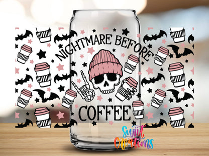 Nightmare Before Coffee UV DTF Transfer Tumbler Wrap | Pink Skull Bat Coffee | DTF196 - Swiit Creations