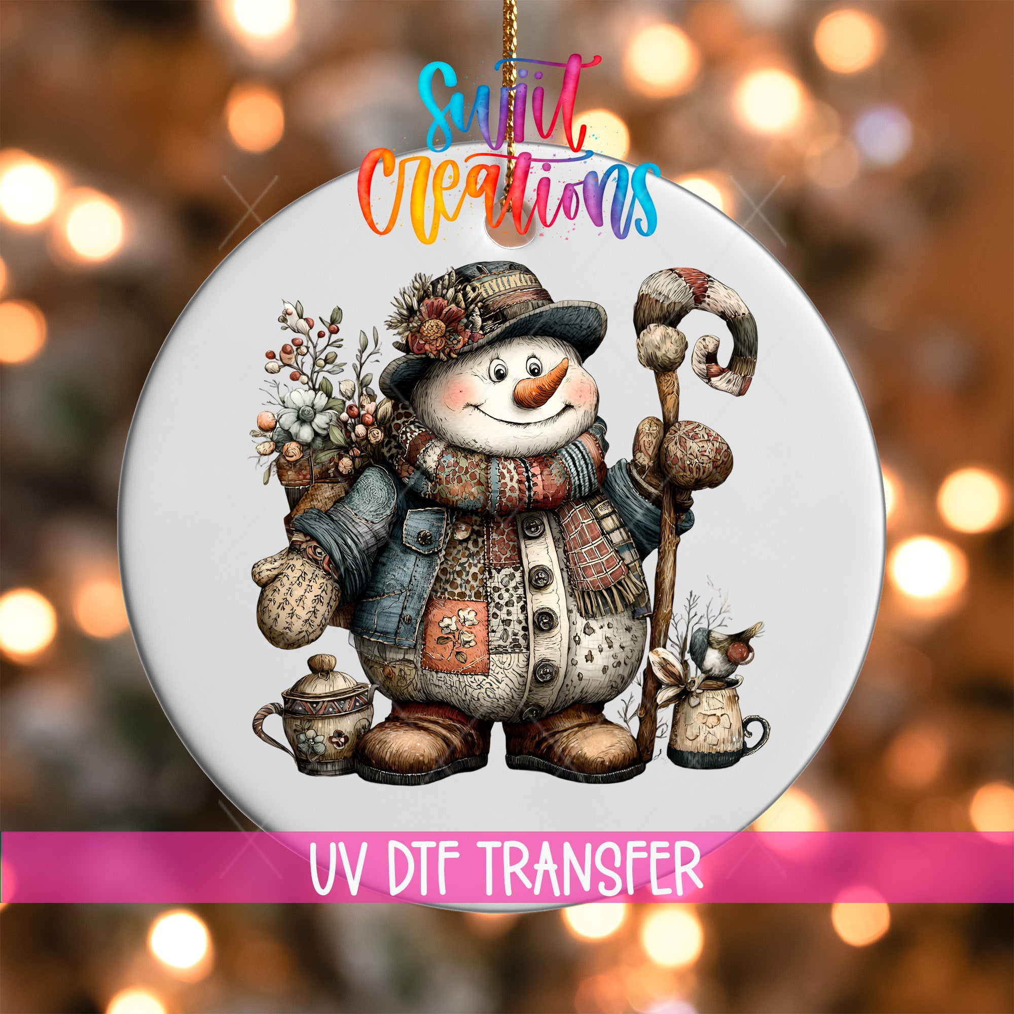 Rustic patchwork snowman ornament UV DTF transfer with floral hat, patterned scarf, and curved winter staff, mockup view 1
