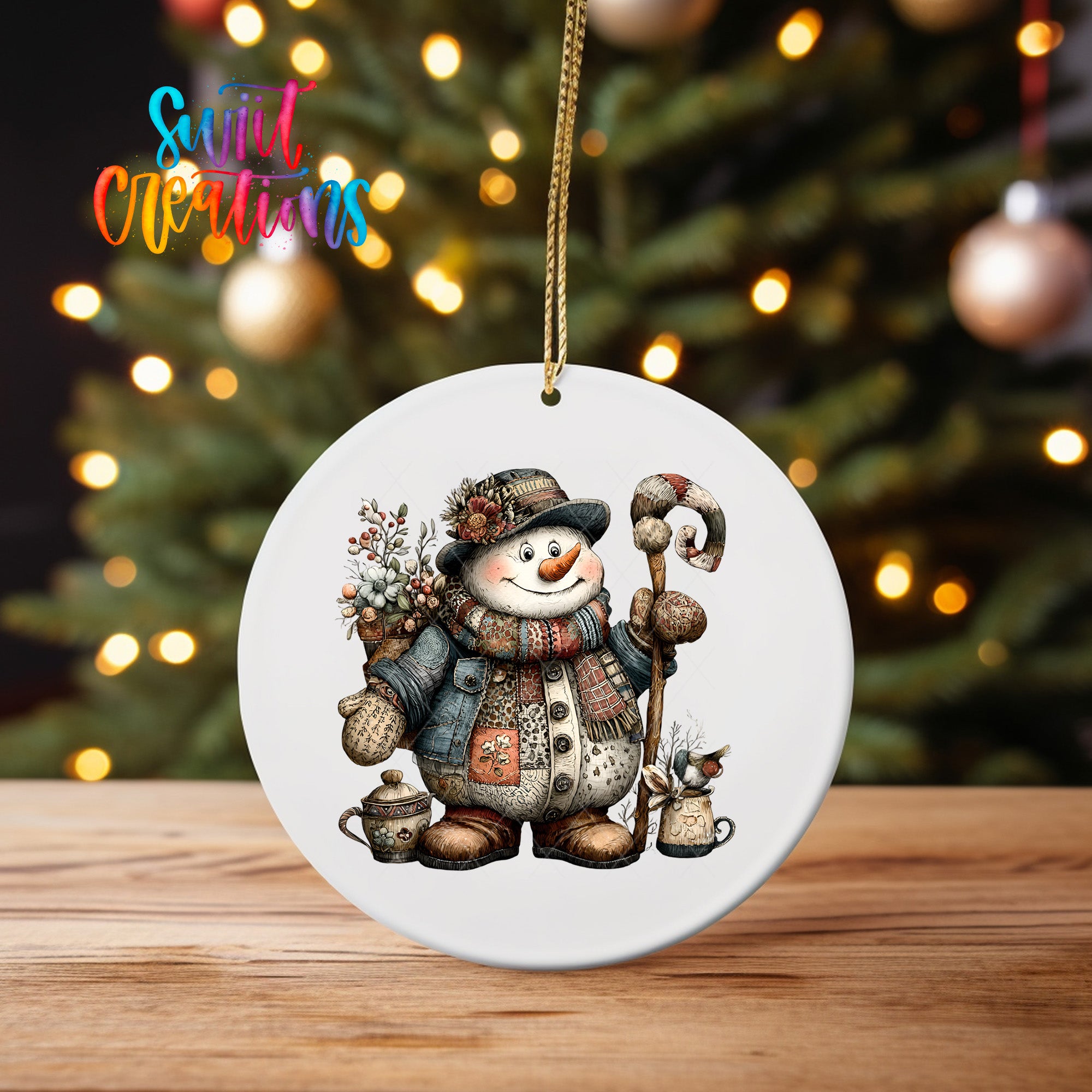 Rustic patchwork snowman ornament UV DTF transfer with floral hat, patterned scarf, and curved winter staff, mockup view 4
