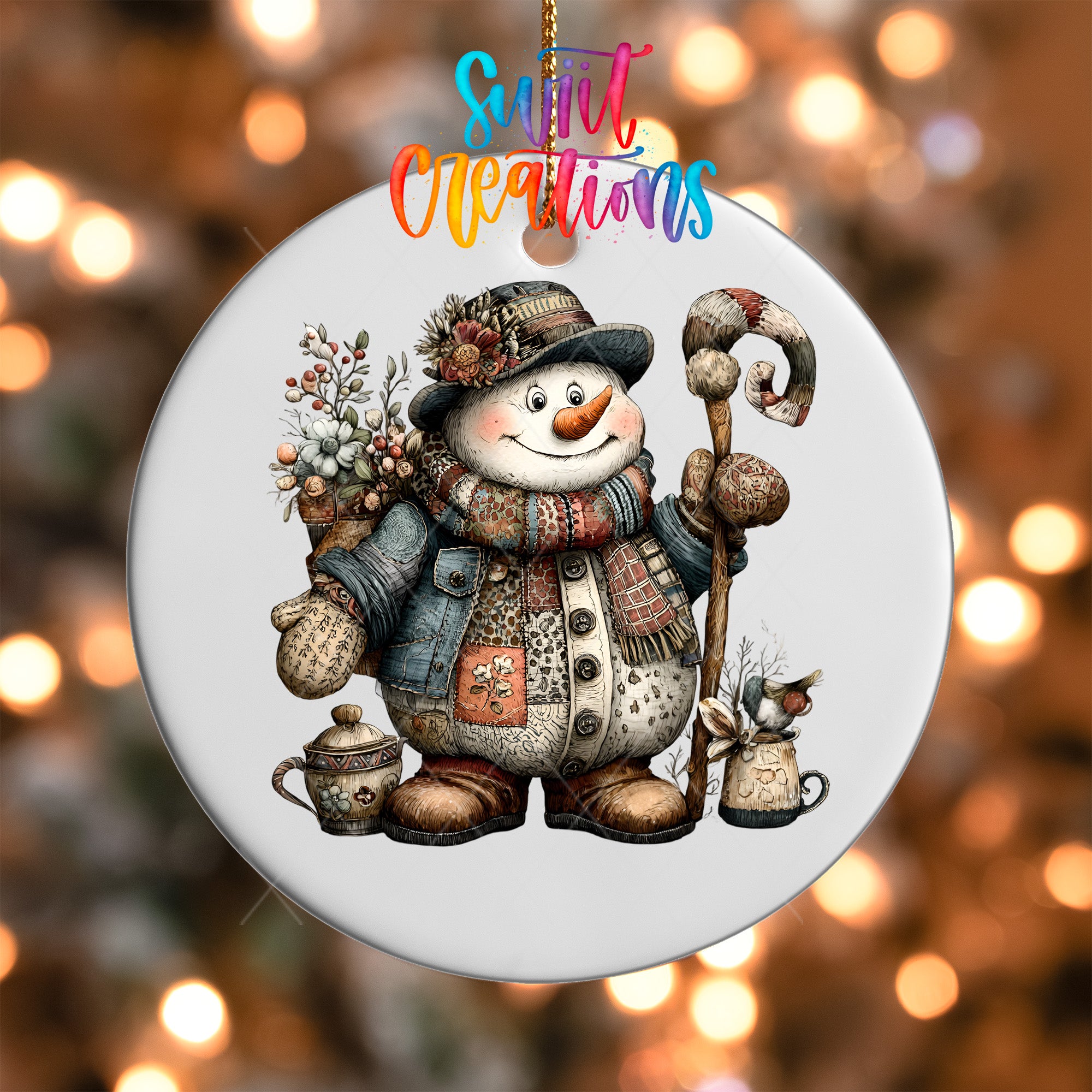 Rustic patchwork snowman ornament UV DTF transfer with floral hat, patterned scarf, and curved winter staff, mockup view 5