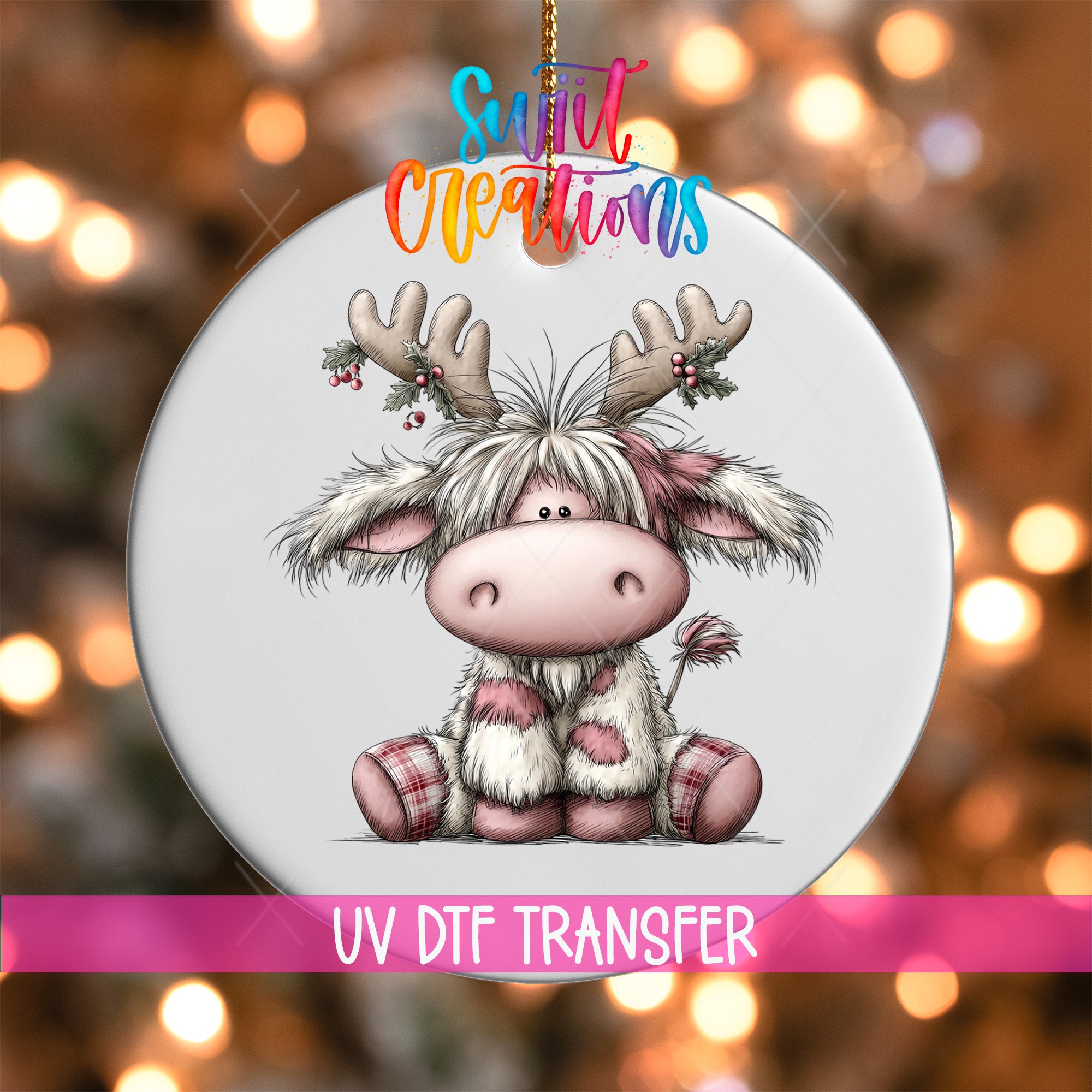 Christmas Highland cow UV DTF transfer with pink details and festive reindeer antlers
