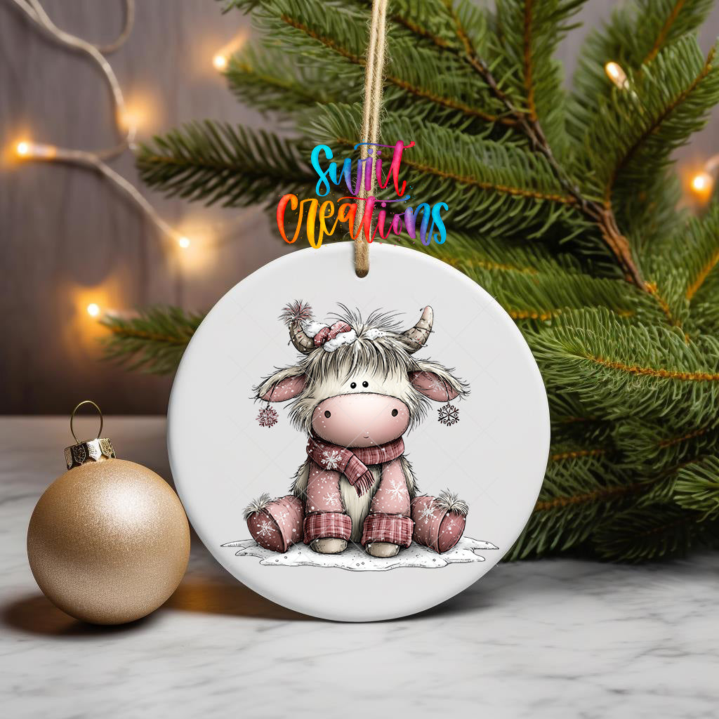 Cute Highland cow Christmas ornament design beside a gold bauble
