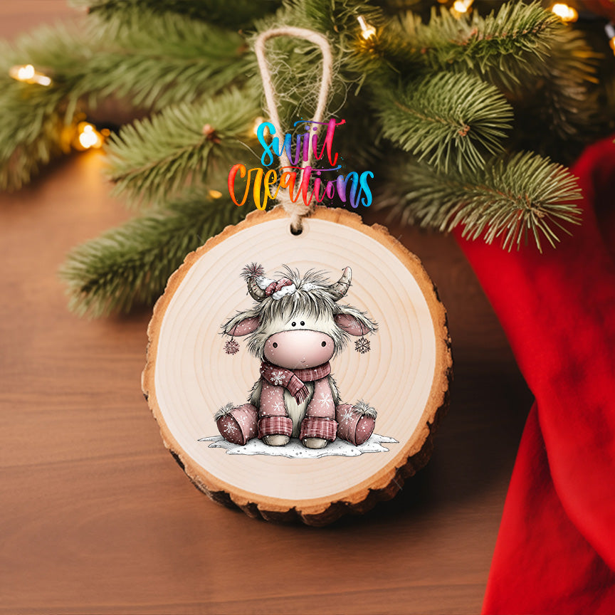 Winter Highland cow UV DTF transfer displayed on a wood slice ornament