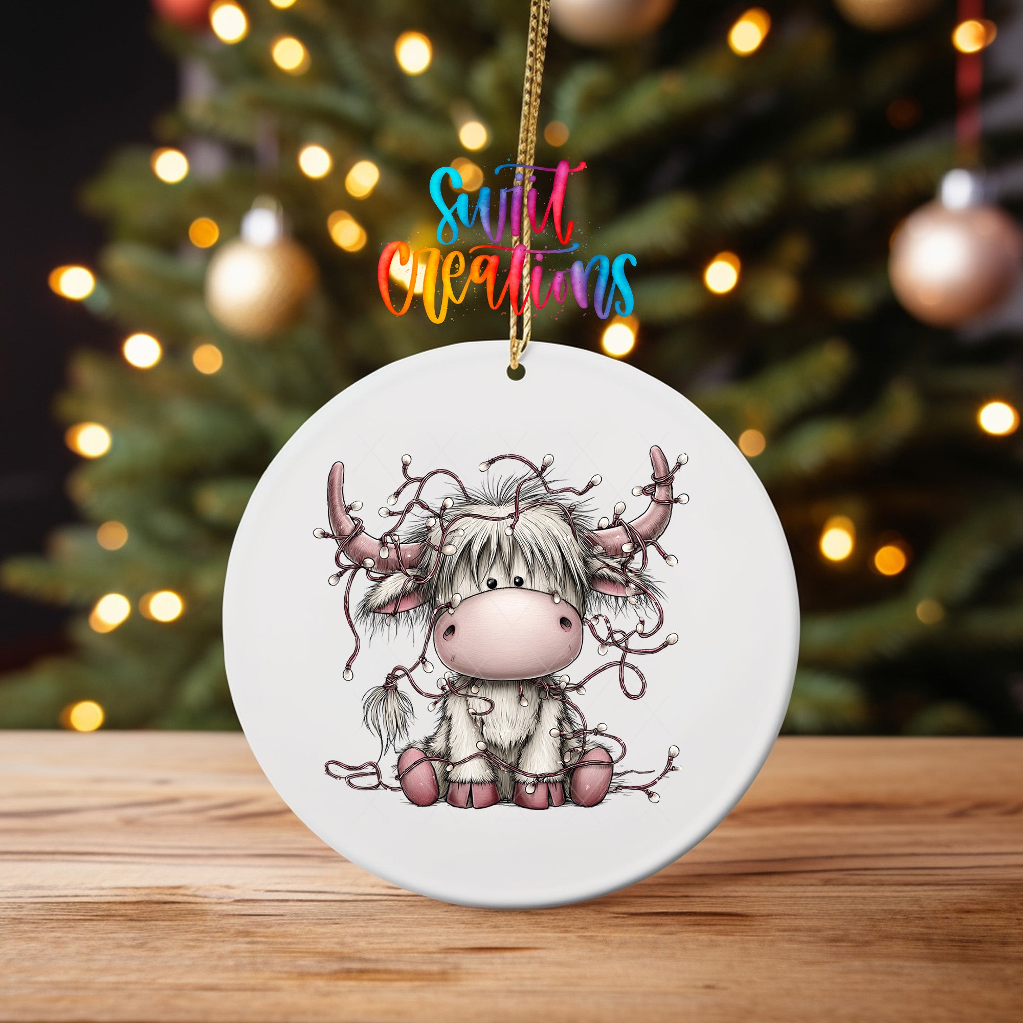 Festive Highland cow UV DTF ornament transfer with string lights