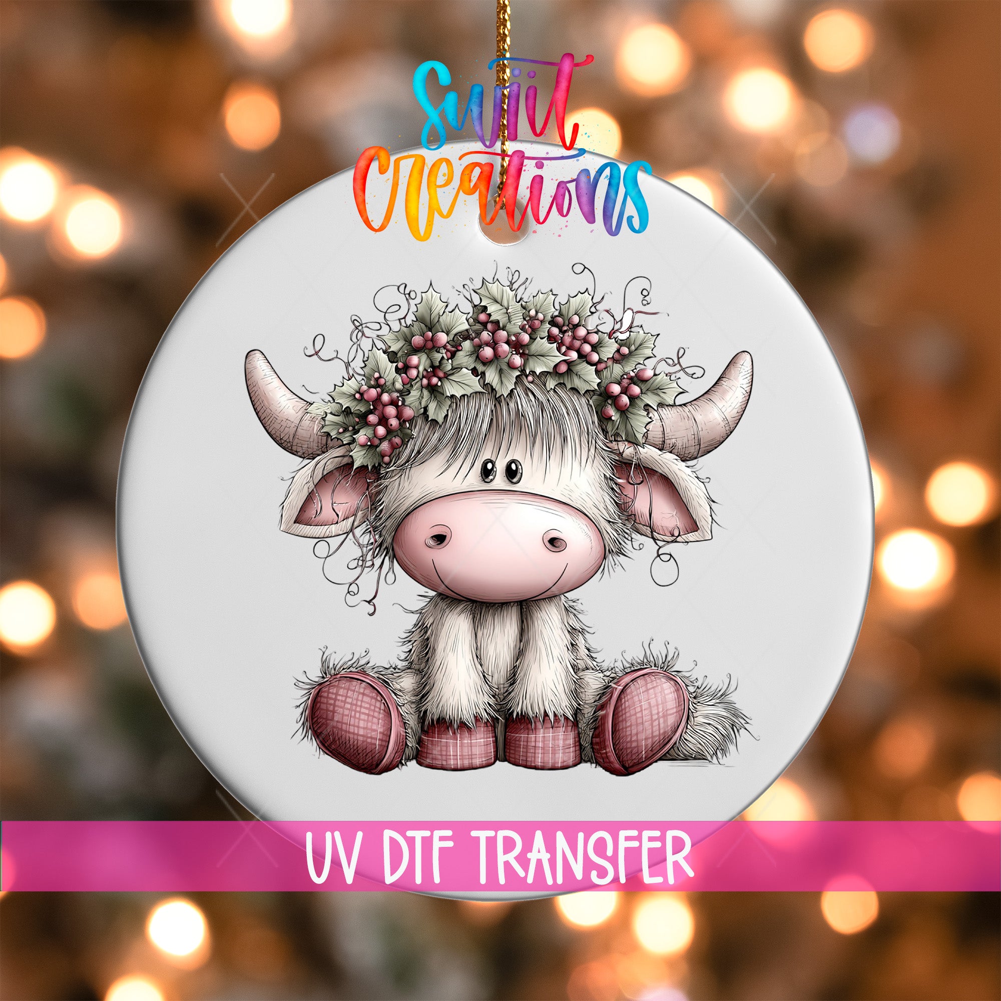 Christmas Highland cow UV DTF transfer wearing a holly and berry crown