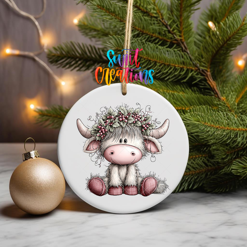 Cute Christmas Highland cow ornament design with holly and pink berries