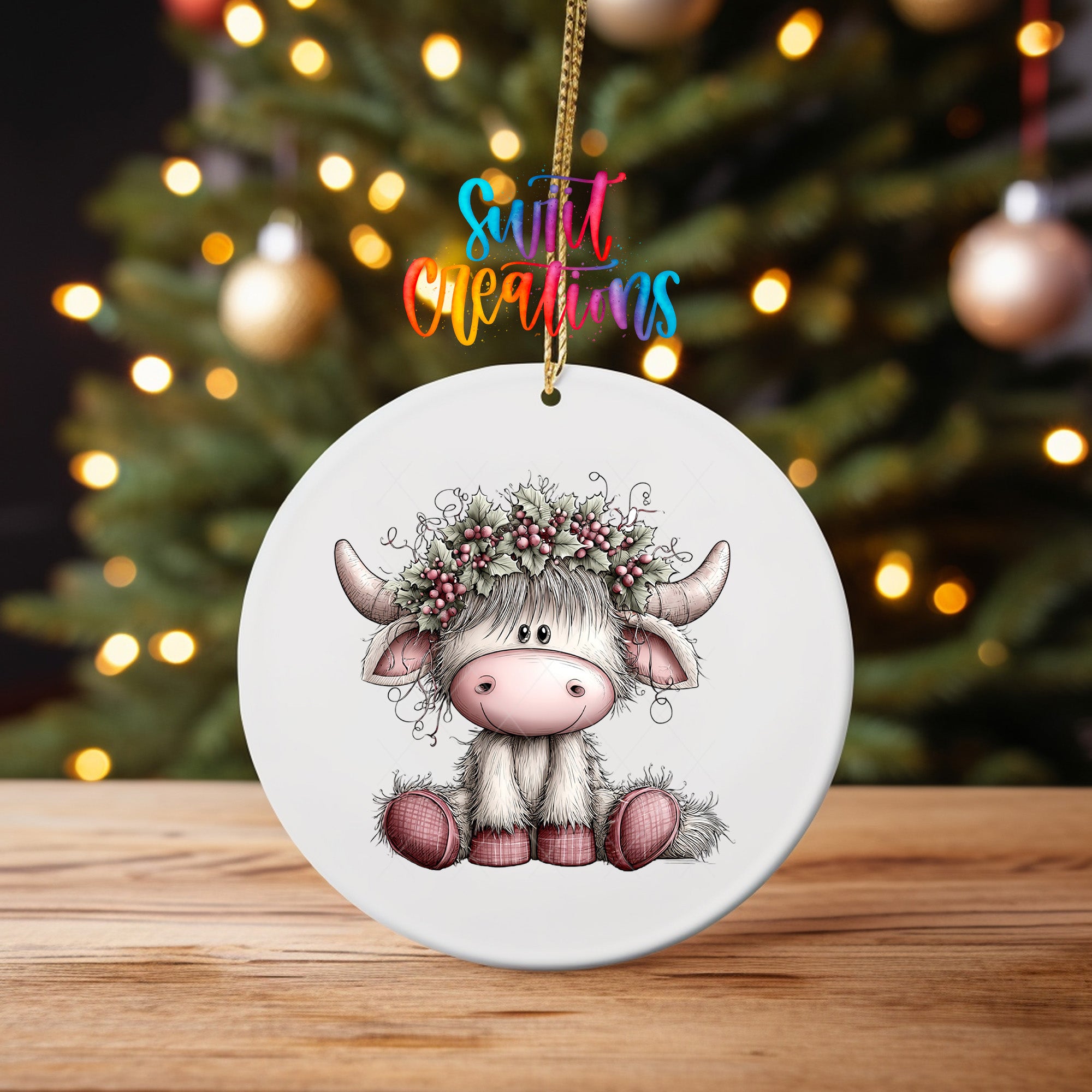 Festive Highland cow UV DTF ornament transfer with berry wreath crown