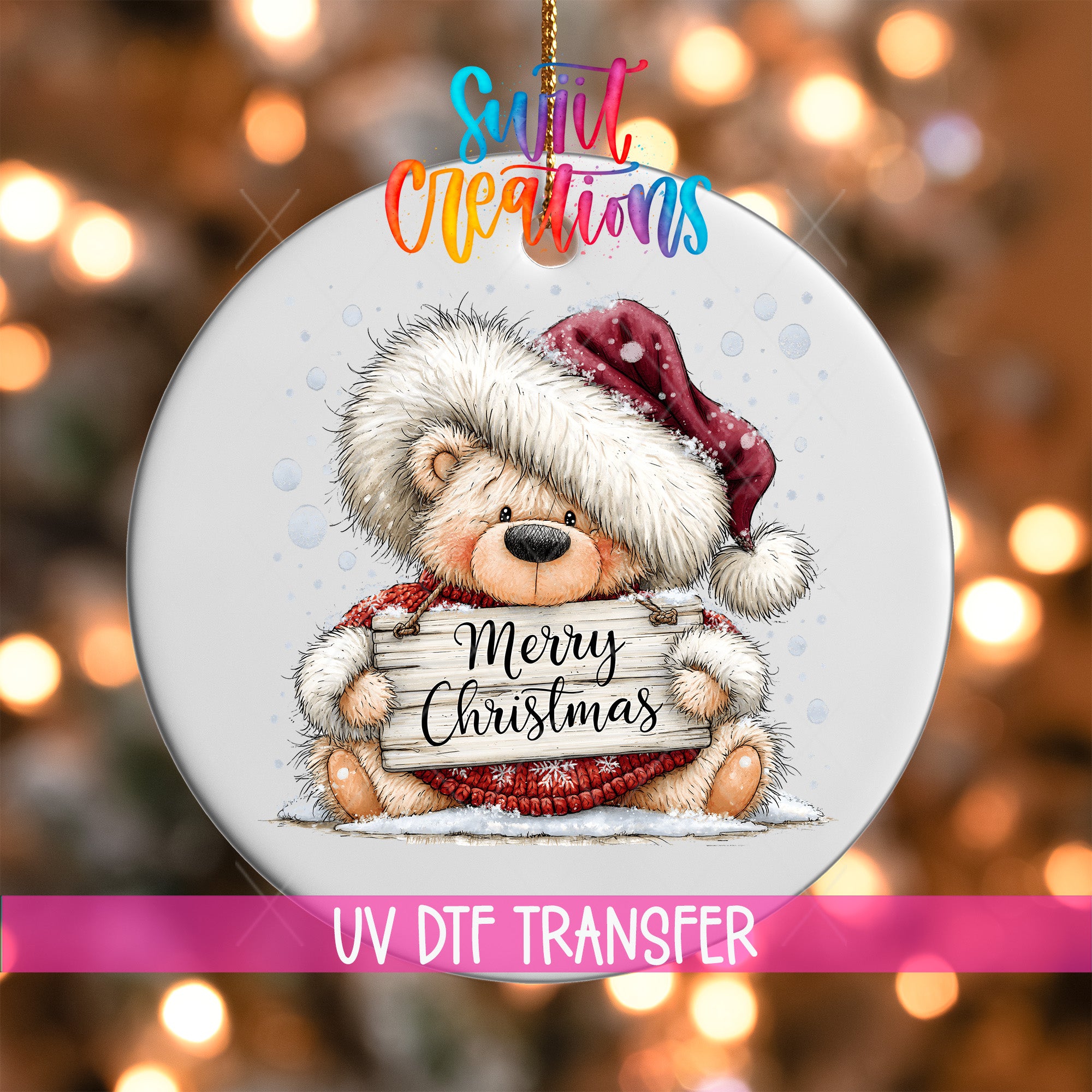 Merry Christmas teddy bear UV DTF ornament transfer with Santa hat and rustic sign