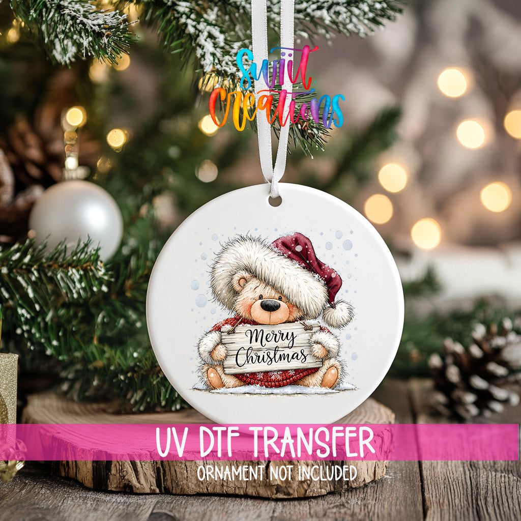 Merry Christmas bear UV DTF transfer shown on a white round ornament mockup