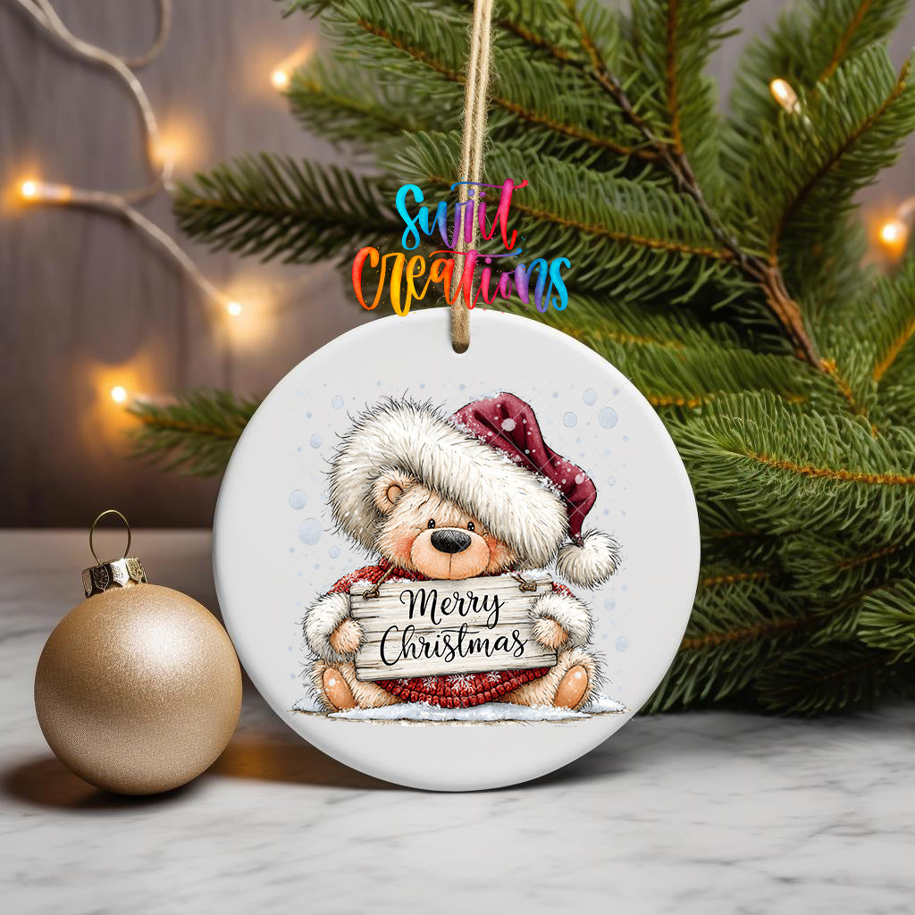 Cute Santa hat teddy bear ornament decal with Merry Christmas sign