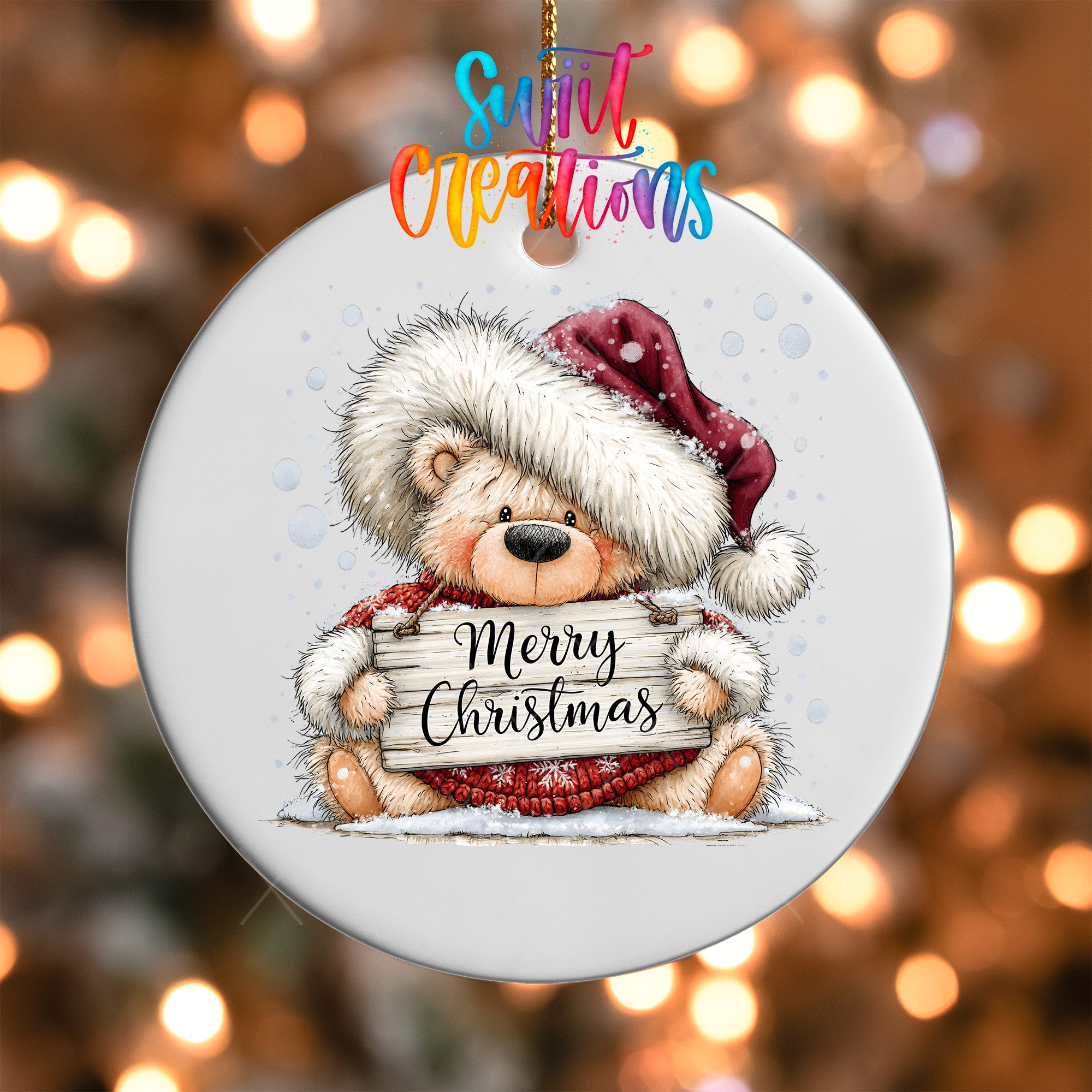 Close view of Merry Christmas teddy bear UV DTF transfer design