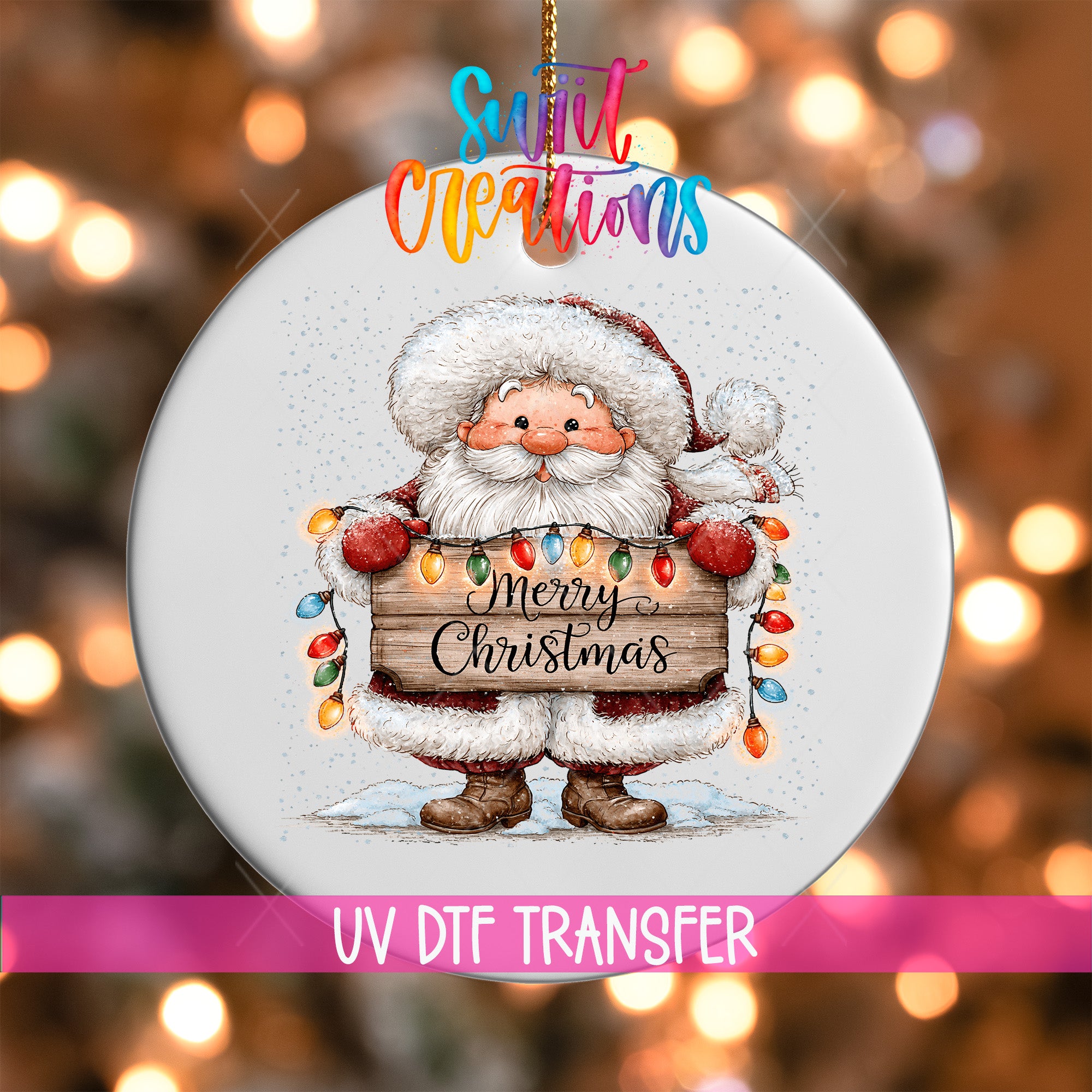 Merry Christmas Santa ornament UV DTF transfer with colorful holiday lights, mockup view 1