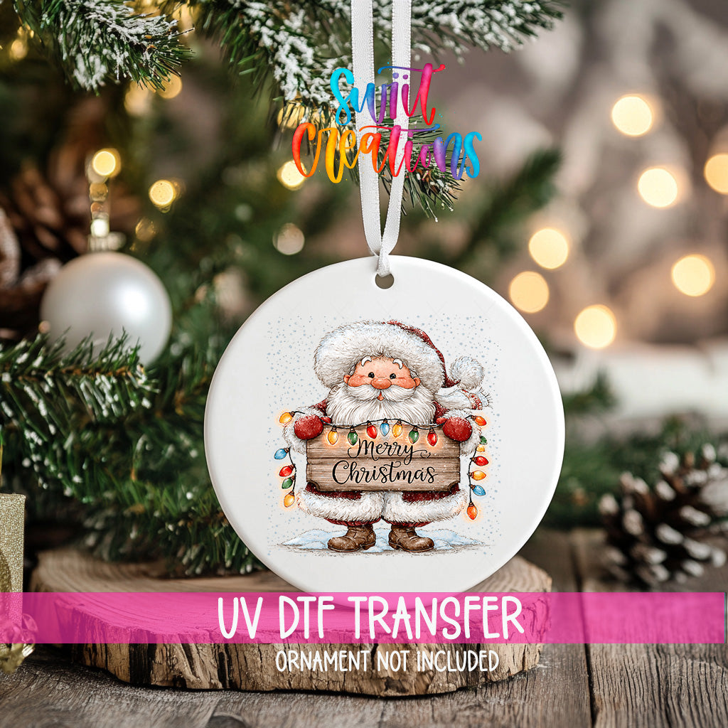 Merry Christmas Santa ornament UV DTF transfer with colorful holiday lights, mockup view 2