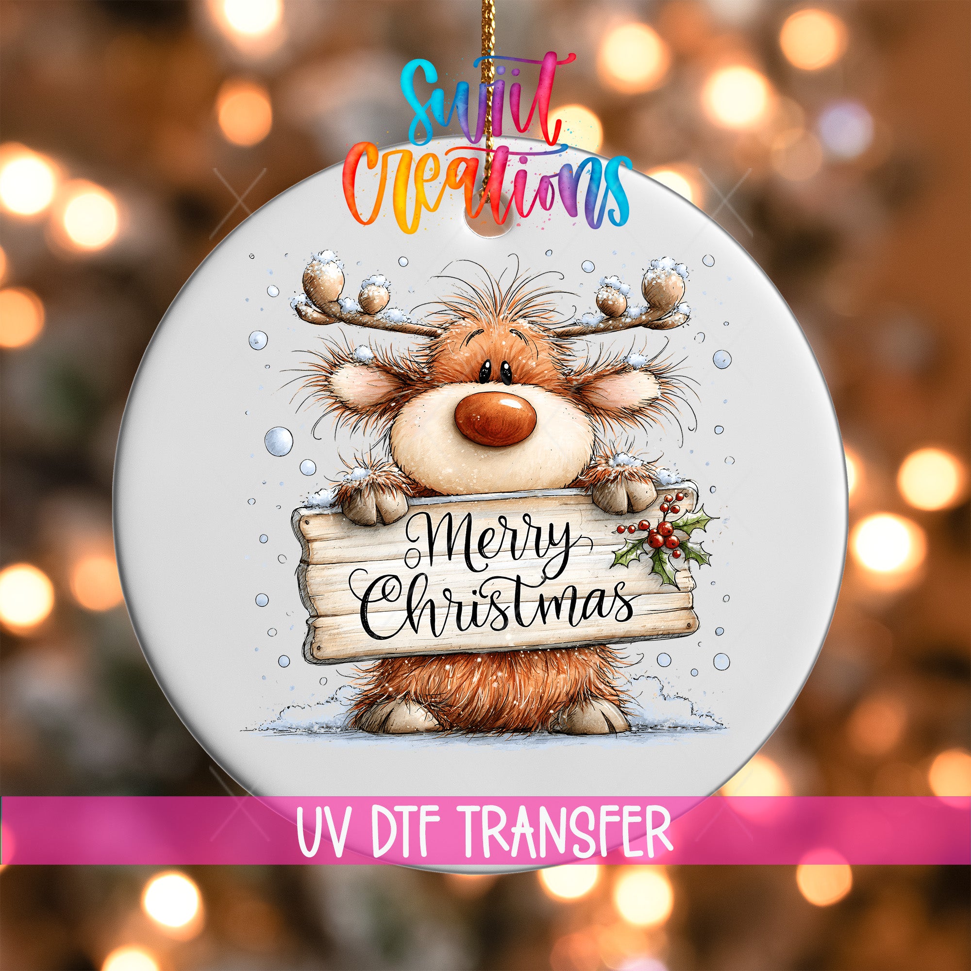 Merry Christmas shaggy orange reindeer ornament UV DTF transfer with holly sign, mockup view 1