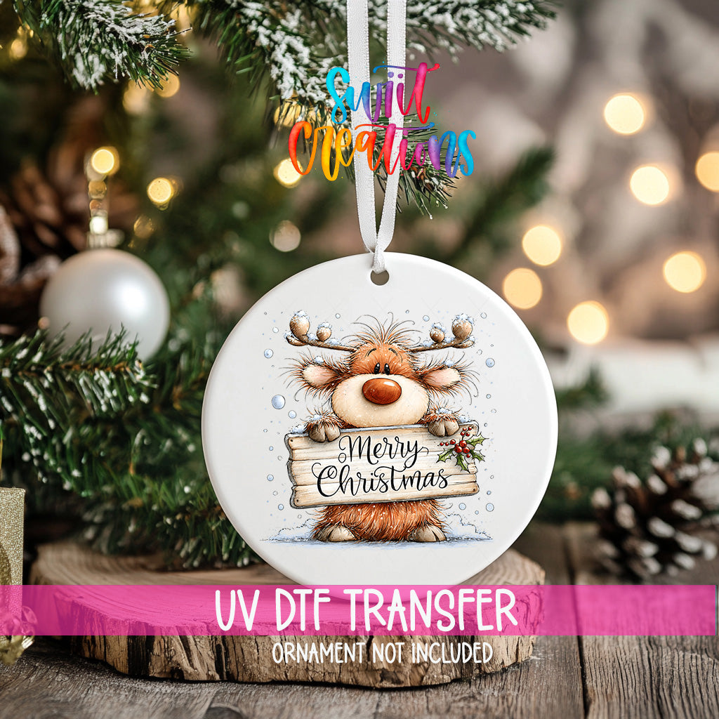 Merry Christmas shaggy orange reindeer ornament UV DTF transfer with holly sign, mockup view 2