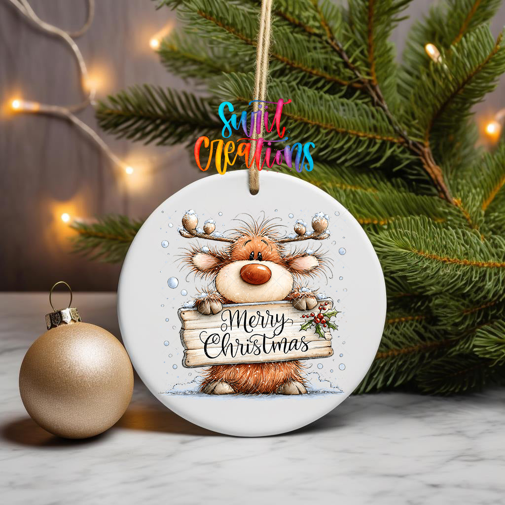 Merry Christmas shaggy orange reindeer ornament UV DTF transfer with holly sign, mockup view 3