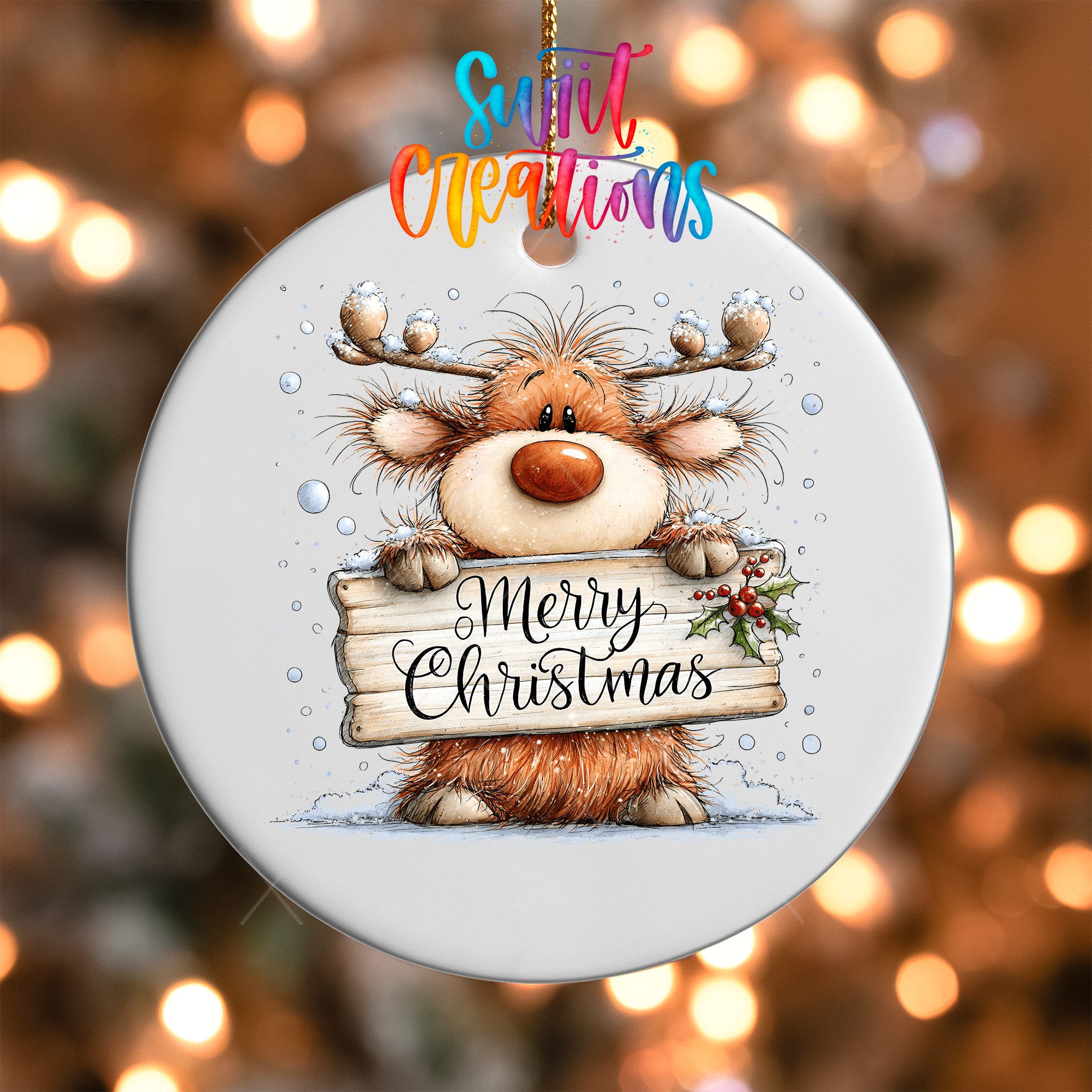 Merry Christmas shaggy orange reindeer ornament UV DTF transfer with holly sign, mockup view 5