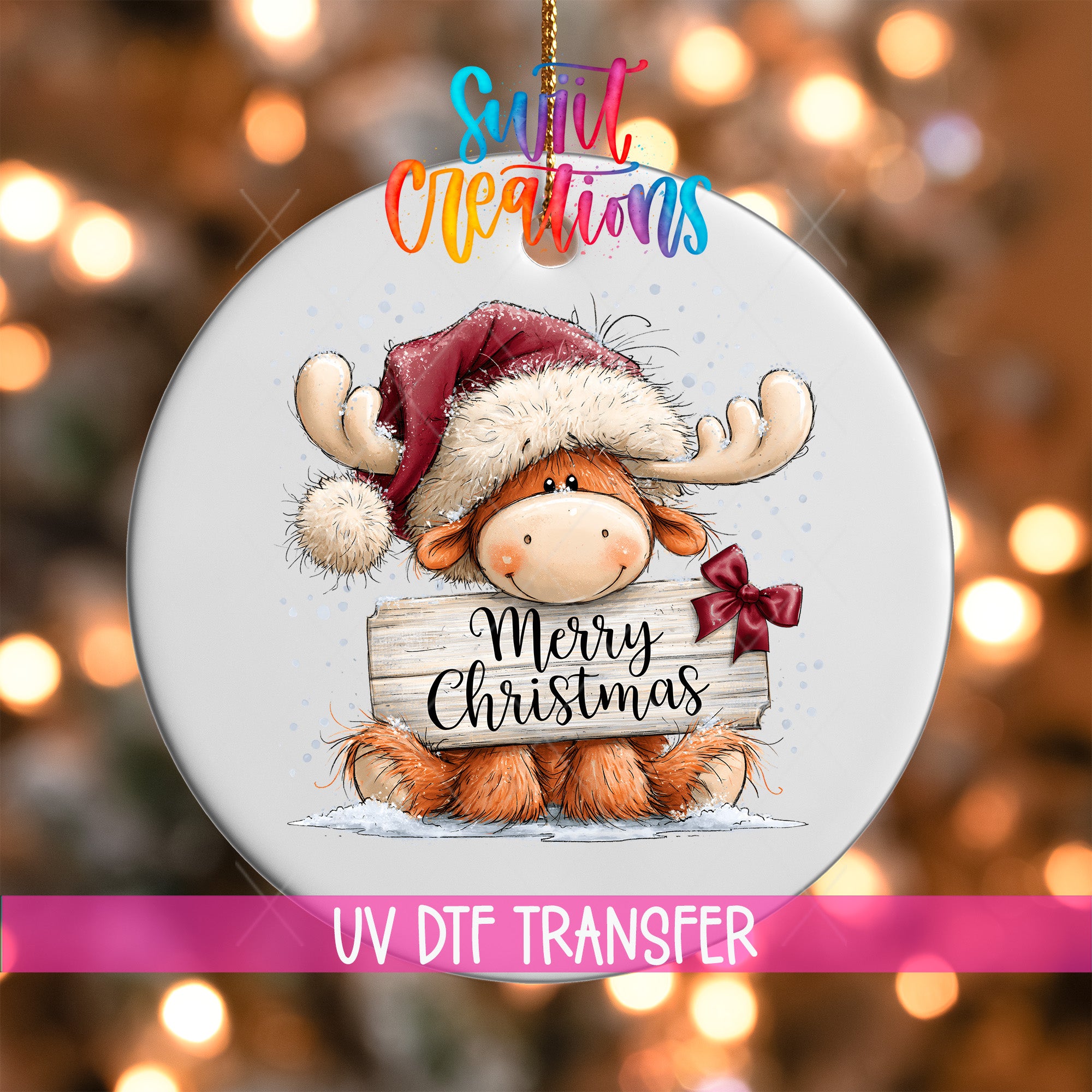 Merry Christmas moose ornament UV DTF transfer with Santa hat and burgundy bow, mockup view 1