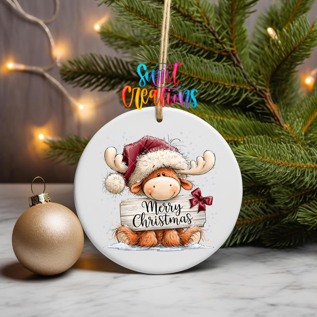 Merry Christmas moose ornament UV DTF transfer with Santa hat and burgundy bow, mockup view 3